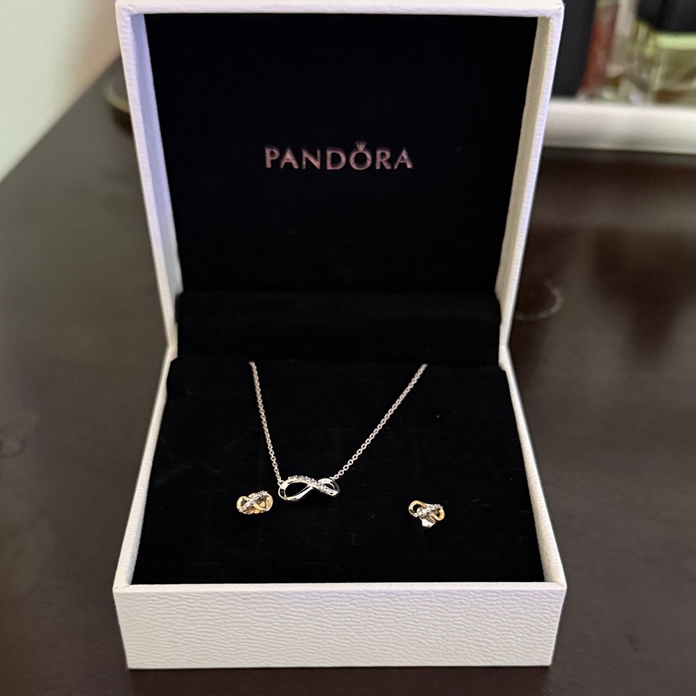 Pandora Sterling Silver Infinity Necklace and Earrings Set with Cubic Zirconia